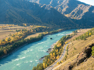 Autumn view of the turquoise Katun river and Altai mountains. Che-Chkysh, Altai Republic, Russia.