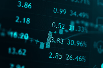 Candlestick chart in financial stock market on digital number background. Forex trading graphic design and Stock market trading trend as concept.	
