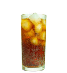 Image isolated brown cola color mixed ice and soda bubble with dew water beverage is cool for a cocktail on white background with clipping path.
