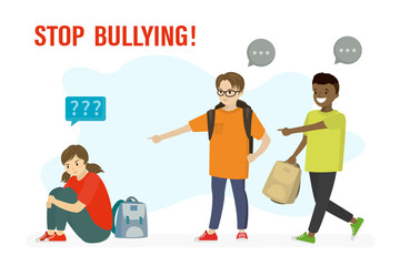 Two boys call names and mock schoolgirl. Stop bullying! Concept of harassment, intimidation. Female character bullied at college by classmates.