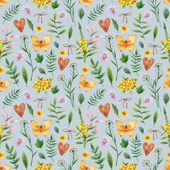 Pattern with wild flowers in watercolor