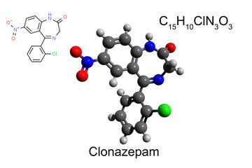 Chemical formula, skeletal formula, and 3D ball-and-stick model of  benzodiazepine medication clonazepam, white background