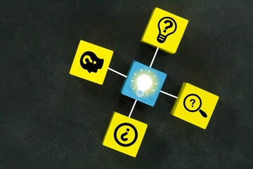 colored cubes with lit bulb icons and problematic icons, no ideas and questions