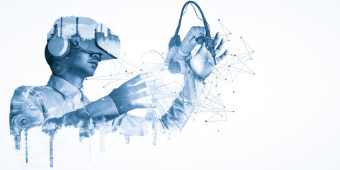 Future VR technology for mechanized industry robot arm control . Concept of robotics technology for industrial revolution and automated manufacturing process .