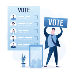 Businessman or male politician holding sign - VOTE. Ballot box with papers. Ballot paper with photos of candidates and text. Referendum or election concept