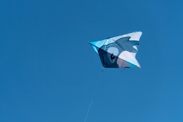 A blue kite flying against a blue sky