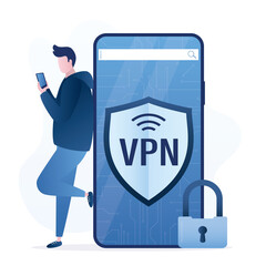 Modern smartphone with VPN application or plugin. Secure internet connection, data encryption. Security protocol. Virtual Private Network.