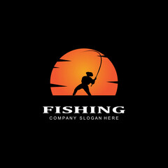 fishing logo icon vector, catch fish on the boat, outdoor sunset silhouette design