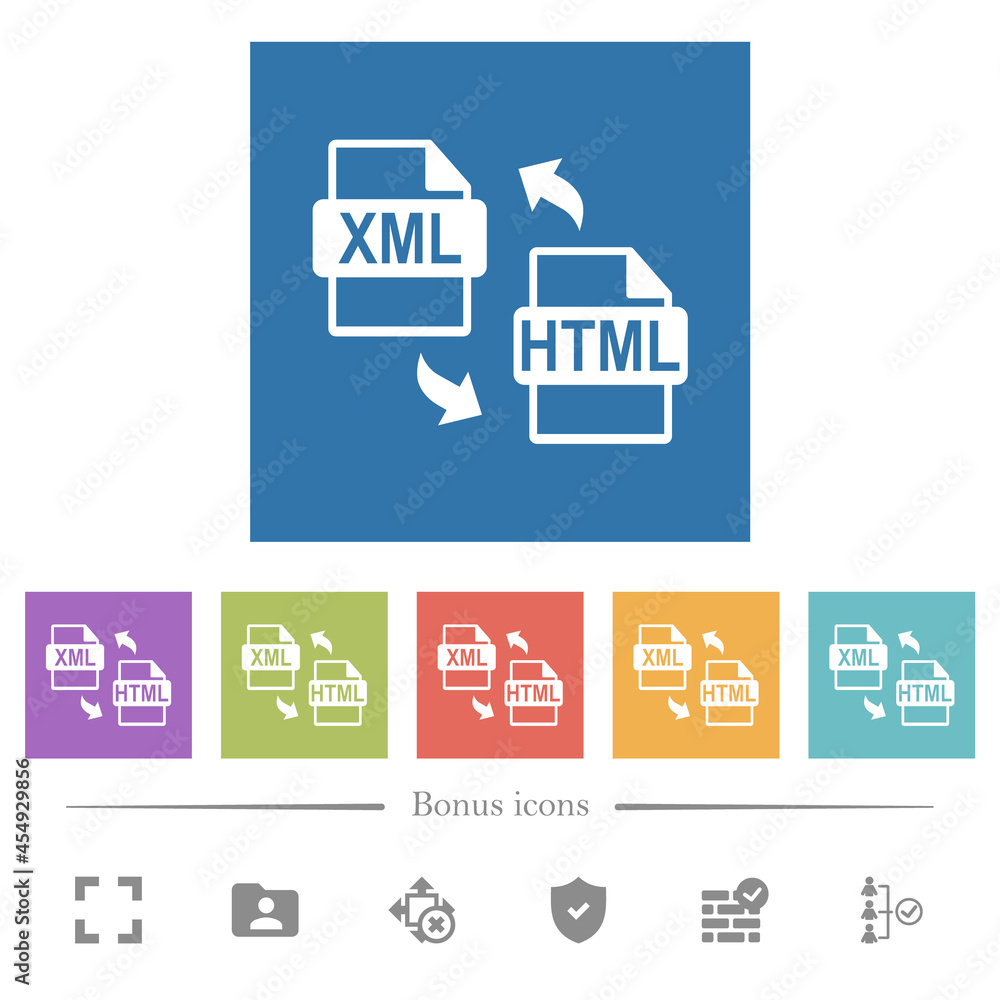 Poster xml html file conversion flat white icons in square backgrounds