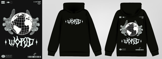 Abstract poster the world is in your hands. Stylish sweatshirt with a hood in Acid Graphic style, trendy streetwear with lettering, vector illustration