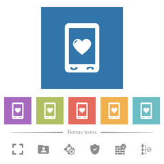 Favorite mobile content flat white icons in square backgrounds