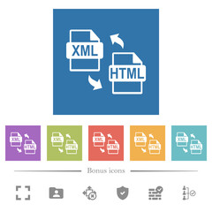 Obraz premium XML HTML file conversion flat white icons in square backgrounds