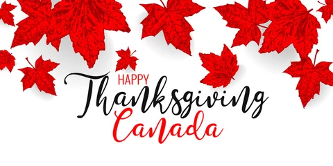 Fotobehang Canada happy Thanksgiving day. Falling maple red leaves pattern for design banner, poster, greeting card for national canadian holiday. Red color leaf vector wallpaper illustration © Andrii
