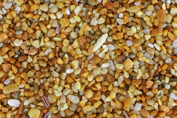 Sea sand (Ghajn Tuffieha beach, Malta) with reddish orange particles few ocean shell remains visible. Microscope photo, image width 9mm