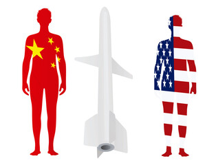 Obraz premium USA and China man silhouette with missile. vector