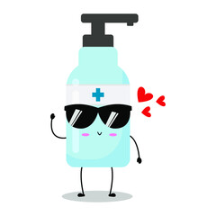 Cute vector illustration of antiseptic character. Disinfection. Hand sanitizer bottle cartoon. Protection from viruses attack. Isolated on white background. Funny expression, 