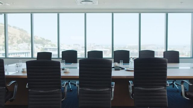 empty corporate office boardroom modern conference room with view of urban city 4k footage
