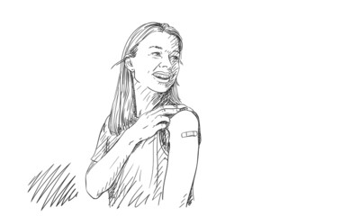 Young happy woman showing her arm after receiving vaccine shot, Vector sketch, Caucasian female with bandage on her arm looking away and smiling, Hand drawn black and white graphics