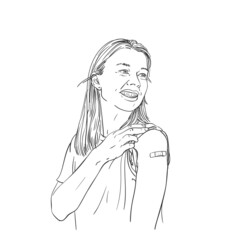 Portrait of young female smiling after getting vaccine, Vector sketch, Caucasian woman with bandage on her arm looking away and smiling after receiving vaccination, Hand drawn black and white graphics