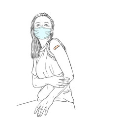 Vaccinated people illustration, Woman in medical mask showing her arm after receiving vaccine shot, Vector sketch, Female with bandage on her arm after getting vaccination, Hand drawn graphic