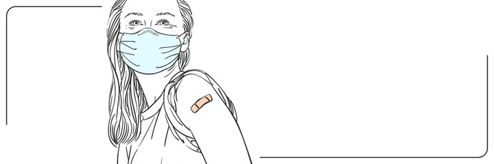 Vaccinated people illustration long web banner with empty place for text, Young woman in mask with bandage on her arm after receiving vaccine shot, Vector sketch, Hand drawn graphic