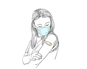 Vaccinated people illustration, Portrait of caucasian woman in mask after receiving vaccination, Vector sketch, Hand drawn graphics