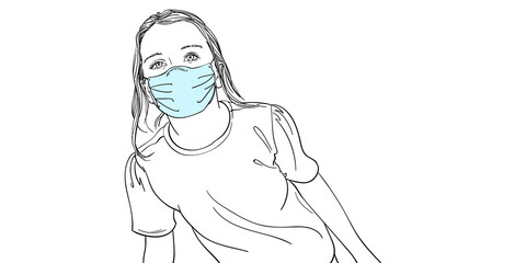 Sketch of pre-teen girl in medical face mask, Children and coronavirus pandemic quarantine. Long hair, looking straight, Vector hand drawn illustration, new normal