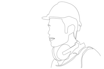 Continuous one line drawing design vector illustration of engineers man in hard hat, worker with protective headphones on white background