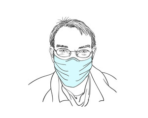 Man in medical face mask and eyeglasses vector drawing, Hand drawn illustration male portrait, Sketch coronavirus pandemic new normal, People in mask