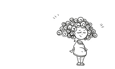 Pregnant woman doodle, Curly hair, standing relaxed with closed eyes, smiling, feeling sensation of future motherhood, happy girl simple cartoon style linear sketch vector illustration