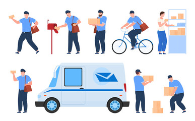 Obraz na płótnie Canvas Collection postman delivery parcel vector illustration postal workers envelope, box, package