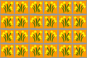 Fototapeta na wymiar Yellow bouquet in cute seamless grid on orange background for fashion fabric and floral wallpaper.