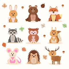 Flat autumn animals set Vector illustration.