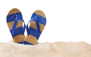 Striped flip flops in sand on white background