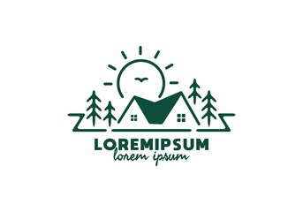 Obraz premium House and big sun line art illustration with lorem ipsum text