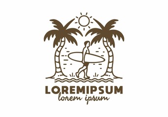 Obraz premium Surfer and coconut tree line art with lorem ipsum text
