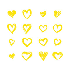 Vector Set of Hand Drawn Yellow Hearts Isolated on White Background, Sketch Style Illustration, Love Symbol, Bright Yellow Color.