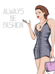 Young beautiful woman in stylish clothes. Sale concept. Hand-drawn fashion illustration