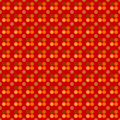 Seamless brown tone polka dots on red background, small brown circles lining the frame.