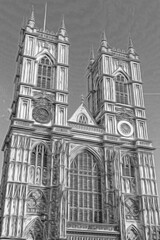 Westminster Abbey's facade in black and white ,London, UK.