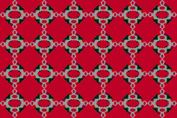Retro style seamless fabric pattern with red square flower pattern with gray background, for weaving industry and product pattern.