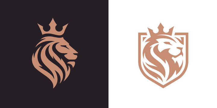 Royal king lion crown symbols. Elegant gold Leo animal logo. Premium luxury brand identity icon set. Vector illustration.
