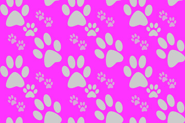 Seamless gray dog or cat footprint wallpaper with pink background, cute pattern for pet lovers, fashion fabric pattern and animal lovers product pattern in cartoon style.