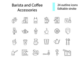 Coffee making appliance outline icons set. Apron, scale, measuring cup. Isolated vector stock illustration