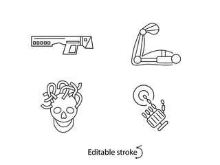 Cyberpunk outline icons set. Futuristic gun. Exoskeleton and bio mechanical arm.