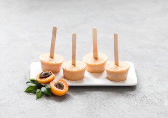 Summer dessert, apricot ice cream on a wooden stick on a ceramic plate on a light background