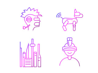 Cyberpunk outline icons set. Futuristic city. Robot dog. People avatar with mohawk