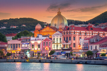 View of Mytilene seaside port with cathedral of Agios Therapontas, Lesvos island, Greece 
