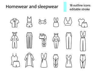 Homewear and sleepwear outline icons set. Comfortable clothes. Editable stroke. Isolated vector stock illustration