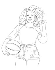 an African-American girl holds a basketball ball in her hands. a basketball player, an athlete. a woman with dreadlocks. sketch